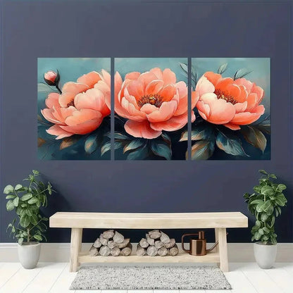 3pcs Vibrant Pink Peach Flowers Blush Peonies Metal Print Ready to Hang Art