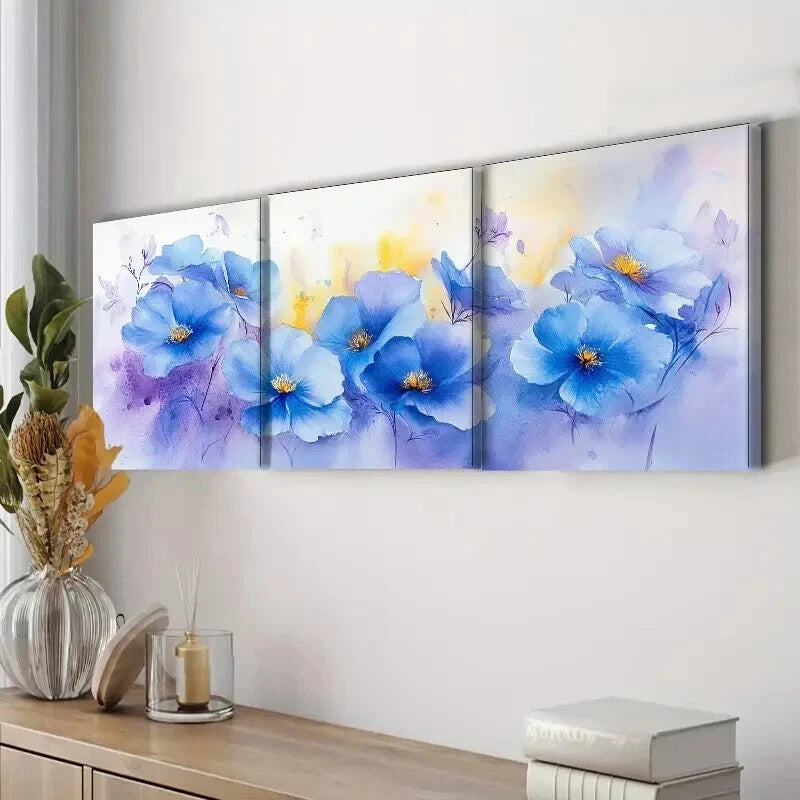 3pcs Blue Flower Colorful Floral Light Perfect Wall Art Set Canvas Framed 60x90cm - High Quality Print 100% Australian Made Wall Canvas Ready to Hang