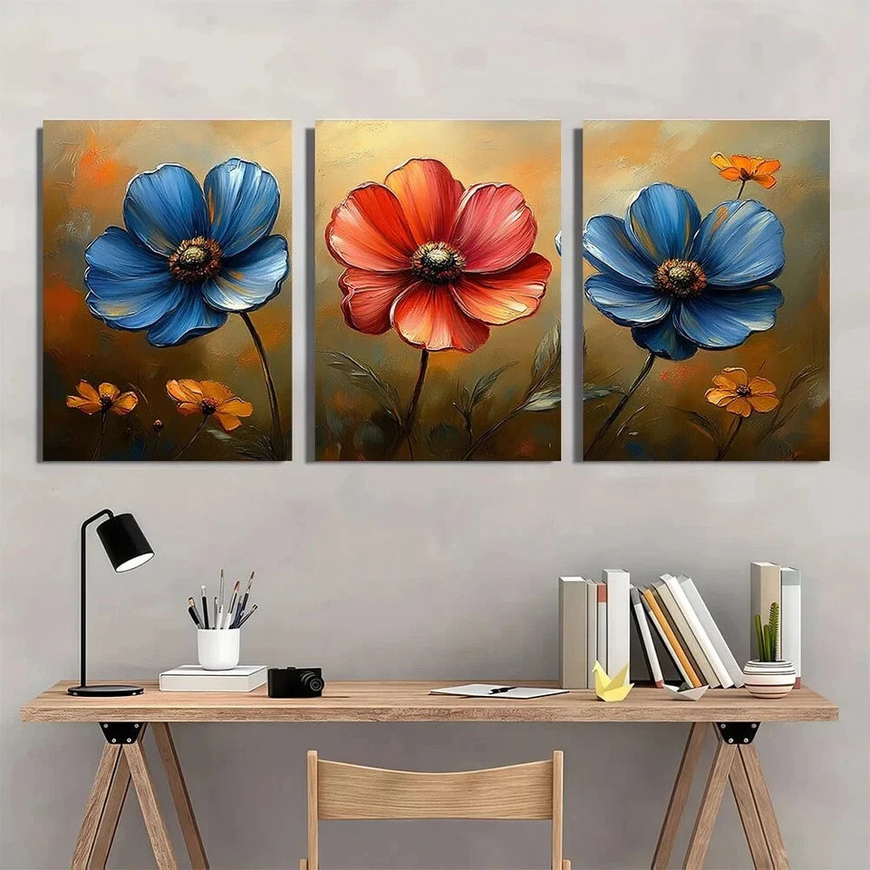 3pcs Colorful Flowers Red and Blue Metal Print Ready to Hang Art