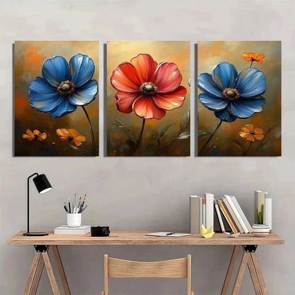 3pcs Colorful Flowers Red and Blue Metal Print Ready to Hang Art