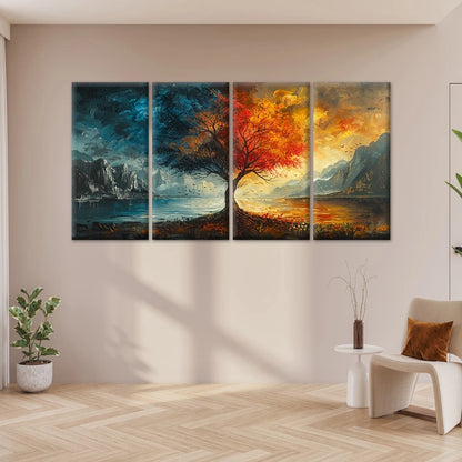 4pcs Rainbow Four Seasons Tree Wall Art Canvas Framed 45x80cm - High Quality Print 100% Australian Made Wall Canvas Ready to Hang
