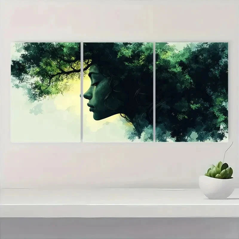3pcs Serene Girl with Green Tree Silhouette Metal Print Ready to Hang Art