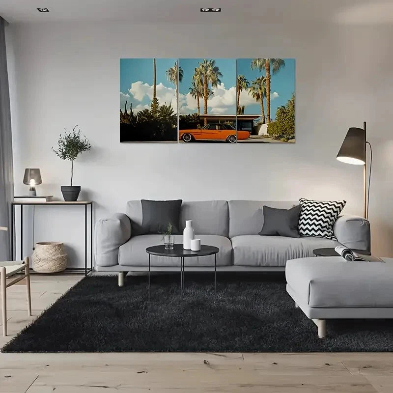 3pcs Vintage Car and Palm Trees Metal Print Ready to Hang Art