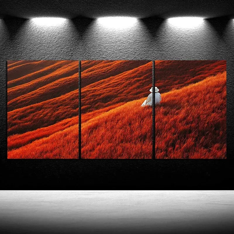 3pcs Straw Hat Is Sitting on The Grass Metal Print Ready to Hang Art