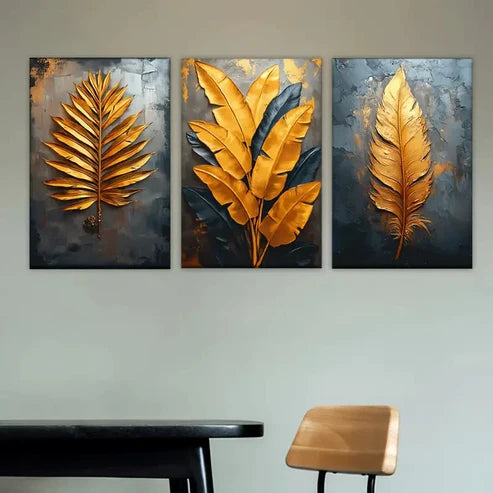 3pcs three golden leaves on a black Wall Art Set Canvas Unframed - High Quality Print 100% Australian Made Wall Canvas