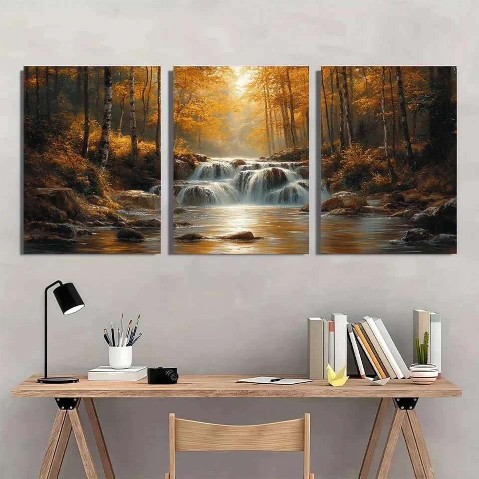 3pcs Forest Waterfall Sunlit Trees and Flowing Metal Print Ready to Hang Art