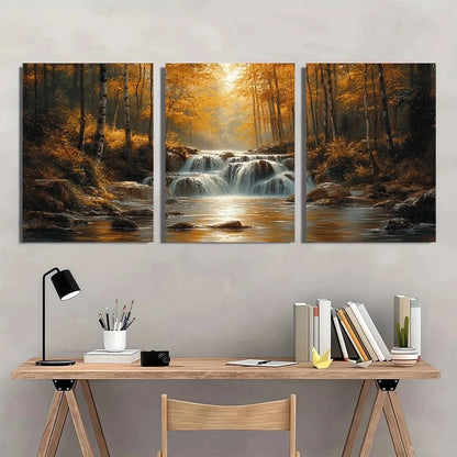 3pcs Forest Waterfall Sunlit Trees and Flowing Metal Print Ready to Hang Art
