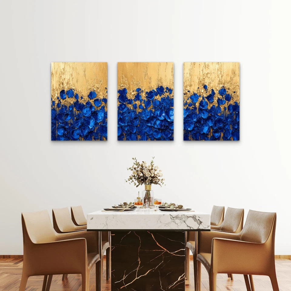 3pcs Golden Sky Over Cobalt Blooms Wall Art Set Canvas Framed 50x70cm - High Quality Print 100% Australian Made Wall Canvas Ready to Hang