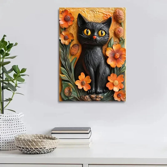 Black Cat And Yellow Life in Orange Painting  40x60cm Metal Print Ready to Hang