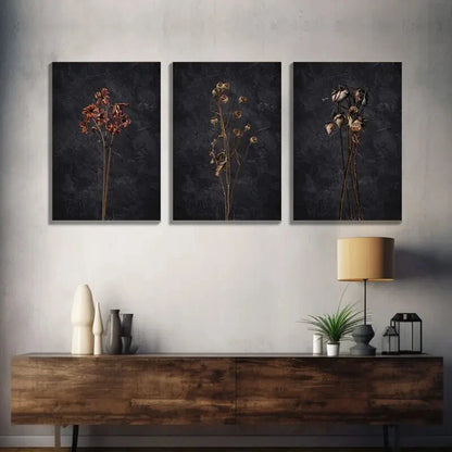 3pcs Dark Dried Wildflower Floral Botanical Wall Art Set Canvas Framed 50x70cm - High Quality Print 100% Australian Made Wall Canvas Ready to Hang