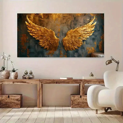 Elegant Golden Angel Wings wall canvas office home room framed 120x60cm