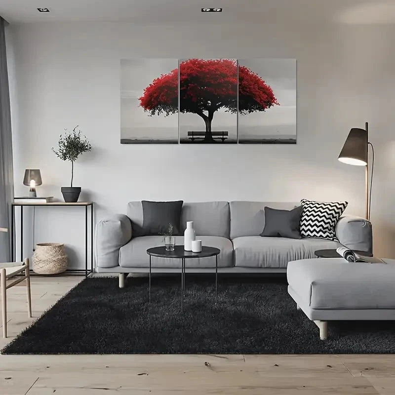 3pcs Red Tree Black Bench Nature Scenery Metal Print Ready to Hang Art