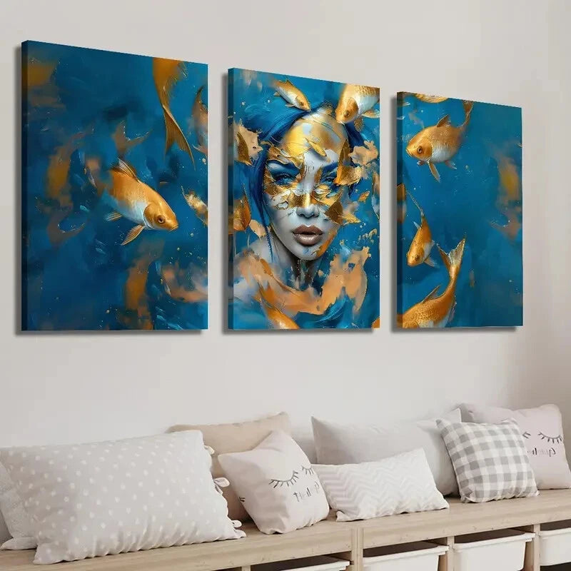3pcs Golden And Blue Koi Fish Girl Décor Perfect Wall Art Set Canvas Framed 40x60cm - High Quality Print 100% Australian Made Wall Canvas Ready to Hang