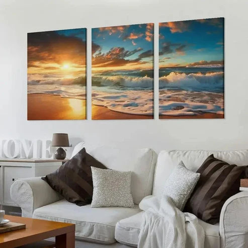 3pcs Ocean Waves & Sandy Shoreline, Modern Wall Art Set Canvas Unframed - High Quality Print 100% Australian Made Wall Canvas