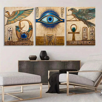 3pcs Ancient Egyptian Eye of Horus, Ankh Metal Print Ready to Hang Art