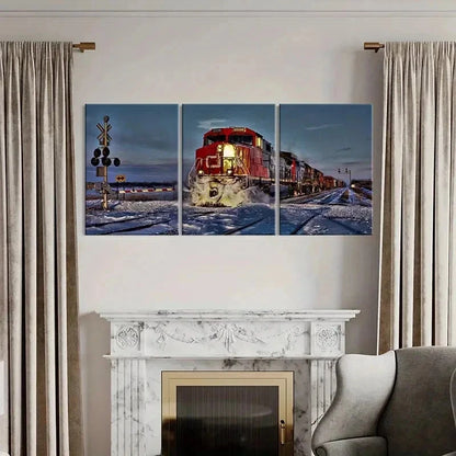 3pcs Steam Train with Snowy Landscape Wall Art Set Canvas Framed 40x60cm - High Quality Print 100% Australian Made Wall Canvas Ready to Hang