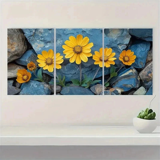 3pcs Yellow Brittlebush Flower Perfect Wall Art Set Canvas Framed 40x60cm - High Quality Print 100% Australian Made Wall Canvas Ready to Hang