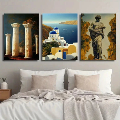 3pcs Santorini Island Landscape Statue Perfect Wall Art Set Canvas Framed 40x60cm - High Quality Print 100% Australian Made Wall Canvas Ready to Hang