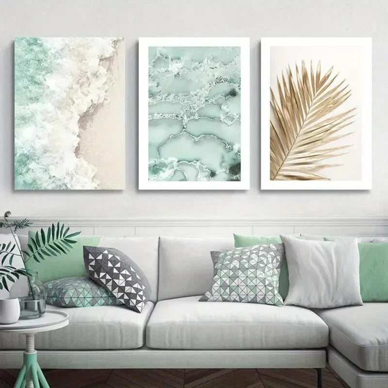 3pcs Golden Palm, Abstract Green Marble & Sand Metal Print Ready to Hang Art