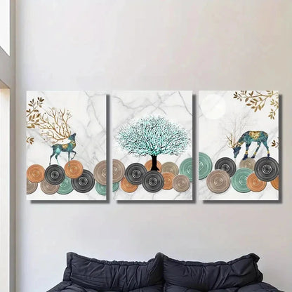 3pcs Deer and Ginkgo Leaf Tree Metal Print Ready to Hang Art