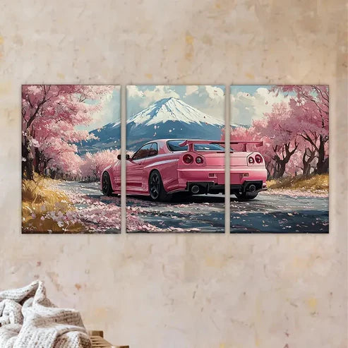 3pcs Featuring a Pink Vehicle, Artist Sketching Wall Art Set Canvas Unframed - High Quality Print 100% Australian Made Wall Canvas - Bella Home Decor