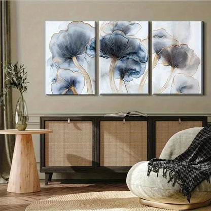 3pcs Three Piece Blue And Golden Wall Art Set Canvas Framed 40x60cm - High Quality Print 100% Australian Made Wall Canvas Ready to Hang