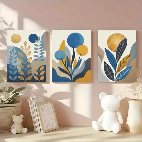 3pcs Abstract Leaves, Golden Sun, Blue Circles Wall Art Set Canvas Unframed - High Quality Print 100% Australian Made Wall Canvas