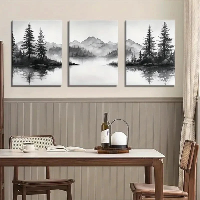 3pcs Black and White Forest Nature Misty Perfect Wall Art Set Canvas Framed 40x60cm - High Quality Print 100% Australian Made Wall Canvas Ready to Hang