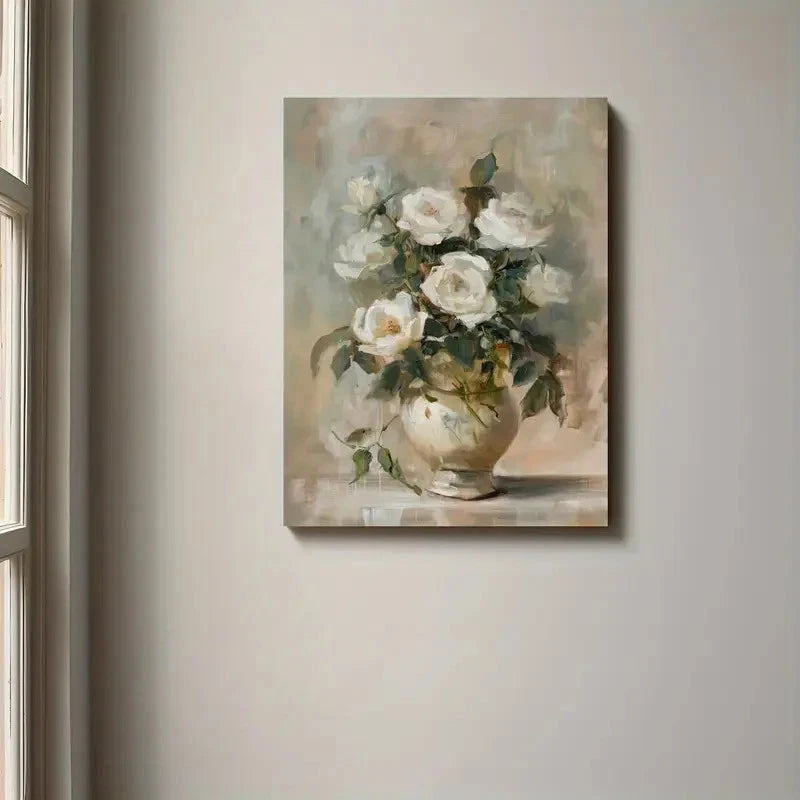 Painting of white flowers in a vase on a wall