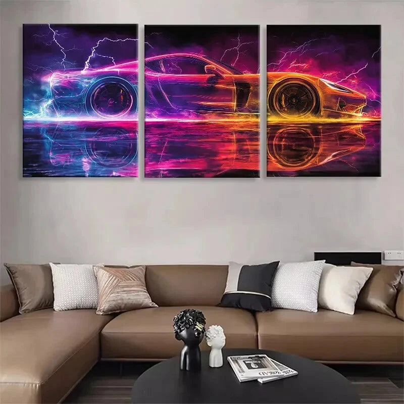 3pcs Neon Speed Racing Car Lightning Perfect Wall Art Set Canvas Framed 40x60cm - High Quality Print 100% Australian Made Wall Canvas Ready to Hang