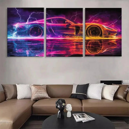 3pcs Neon Speed Racing Car Lightning Perfect Wall Art Set Canvas Framed 40x60cm - High Quality Print 100% Australian Made Wall Canvas Ready to Hang
