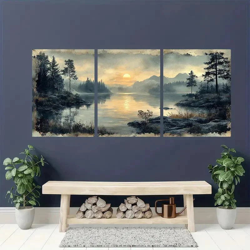 3pcs Serene Sunset by the Lake Landscape Scene Metal Print Ready to Hang Art