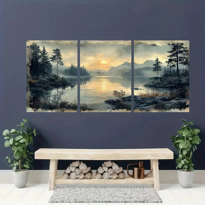 3pcs Serene Sunset by the Lake Landscape Scene Metal Print Ready to Hang Art