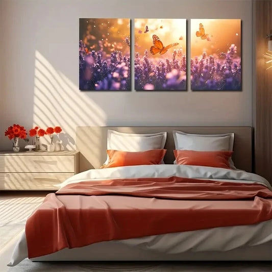 3pcs Lavender with Flying Butterflies Perfect Wall Art Set Canvas Framed 40x60cm - High Quality Print 100% Australian Made Wall Canvas Ready to Hang