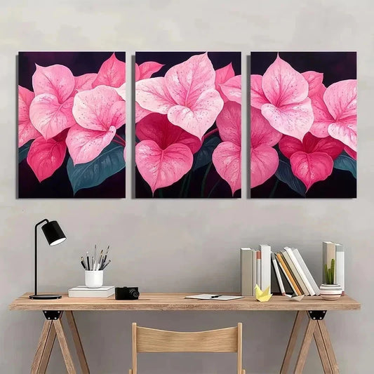 3pcs Tropical Pink Caladium Plants Perfect Wall Art Set Canvas Framed 40x60cm - High Quality Print 100% Australian Made Wall Canvas Ready to Hang