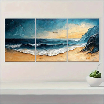 3pcs Textured Seascape Beach Painting Metal Print Ready to Hang Art