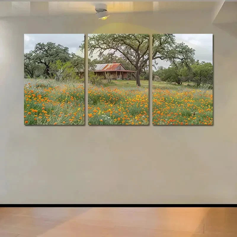 3pcs A Rustic Cabin In A Field Of Wildflowers Wall Art Set Canvas Framed 60x90cm - High Quality Print 100% Australian Made Wall Canvas Ready to Hang