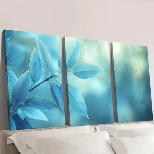 3pcs Blue White & Green Leaf Design Wall Art Set Canvas Unframed - High Quality Print 100% Australian Made Wall Canvas