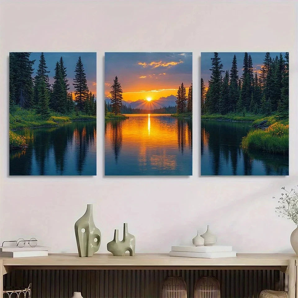 3pcs Vibrant Sunset River Pine Trees Wildflowers Wall Art Set Canvas Framed 40x60cm - High Quality Print 100% Australian Made Wall Canvas Ready to Hang
