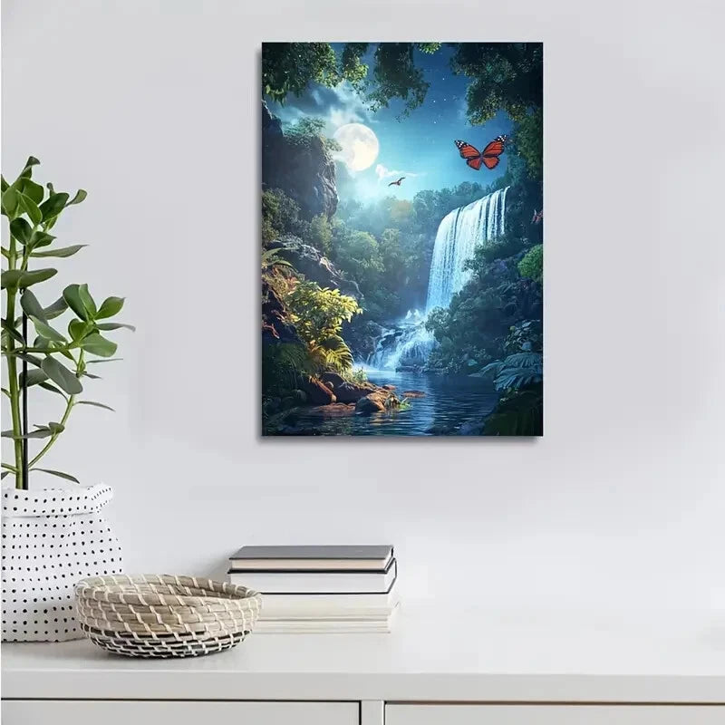 Beautiful Forest & Butterfly Moonlit Nature Painting 40x60cm Metal Print Ready to Hang