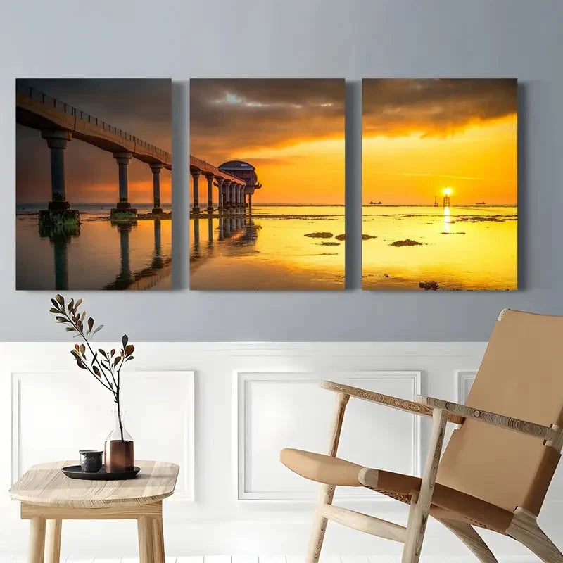 3pcs Vintage-Style Seaside Pier Sunset Metal Print Ready to Hang Art