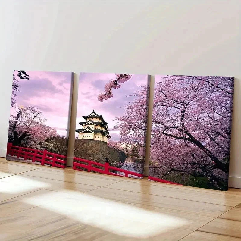 3pcs Hirosaki Castle Cherry Blossoms Wall Art Set Canvas Framed 40x60cm - High Quality Print 100% Australian Made Wall Canvas Ready to Hang