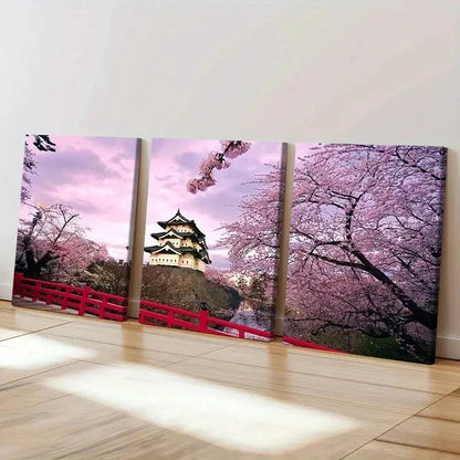 3pcs Hirosaki Castle Cherry Blossoms Wall Art Set Canvas Framed 40x60cm - High Quality Print 100% Australian Made Wall Canvas Ready to Hang
