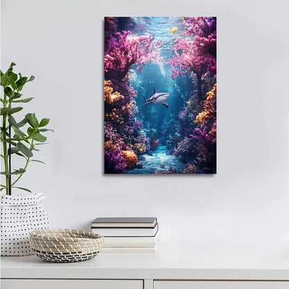 Beautiful Vibrant Underwater Shark & Coral Painting 40x60cm Metal Print Ready to Hang