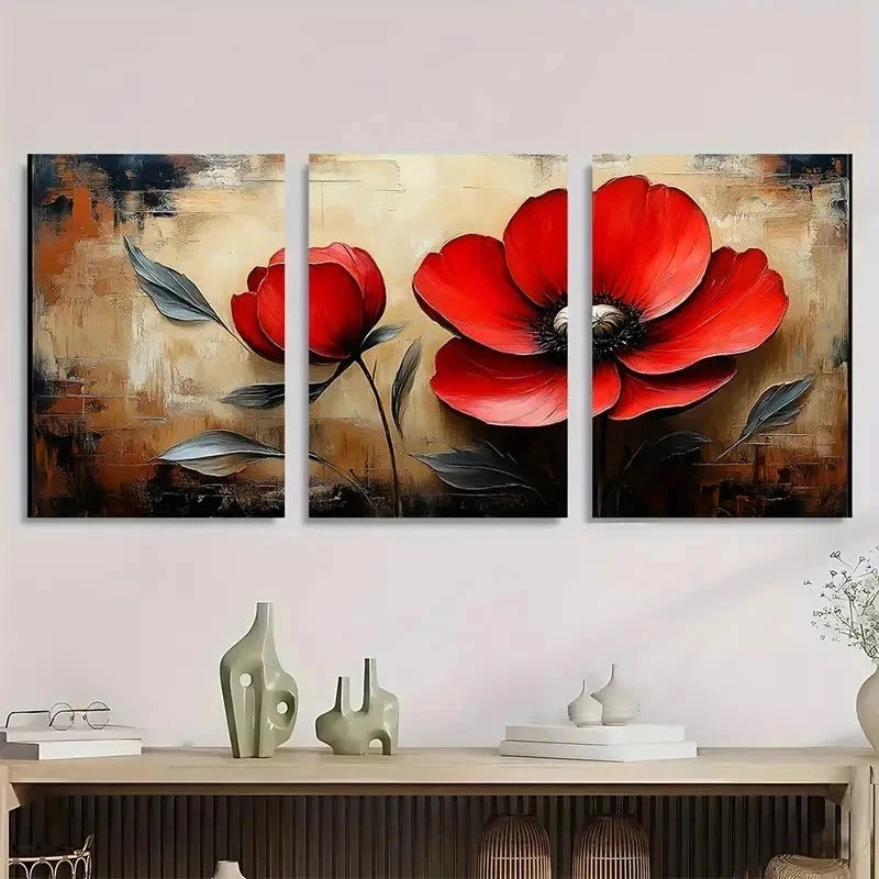 3pcs Red Flower Beige Vintage Perfect Wall Art Set Canvas Framed 40x60cm - High Quality Print 100% Australian Made Wall Canvas Ready to Hang
