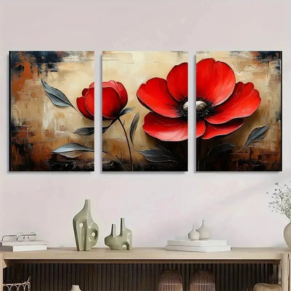3pcs Red Flower Beige Vintage Perfect Wall Art Set Canvas Framed 40x60cm - High Quality Print 100% Australian Made Wall Canvas Ready to Hang