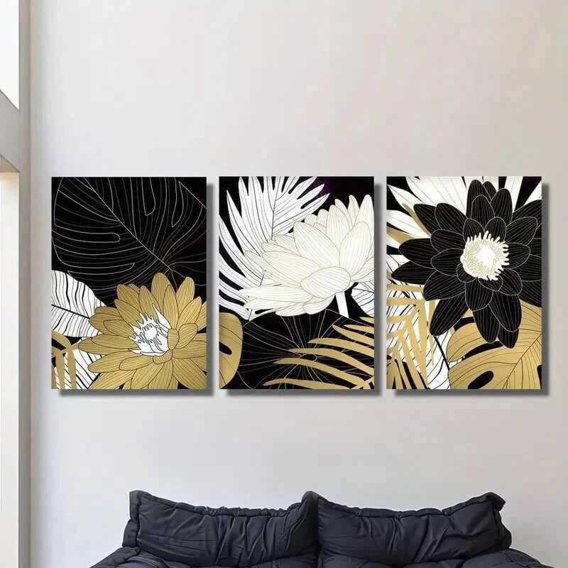 3pcs Gold White Black Lotus & Tropical Leaves Wall Art Set Canvas Framed 40x60cm - High Quality Print 100% Australian Made Wall Canvas Ready to Hang