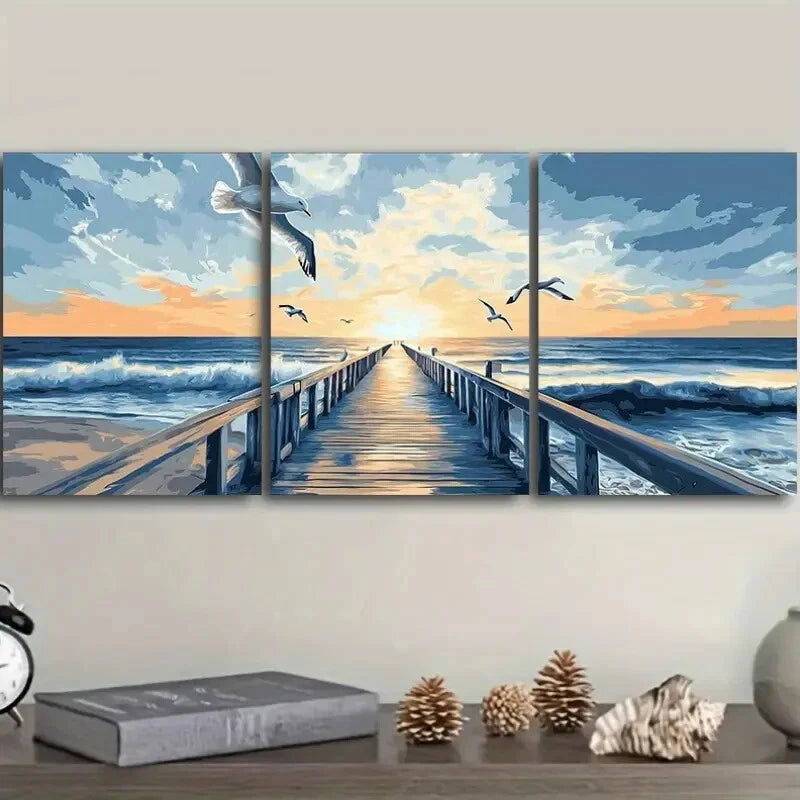 3pcs Seagulls Harbor Sunset Nature Scenery Metal Print Ready to Hang Art
