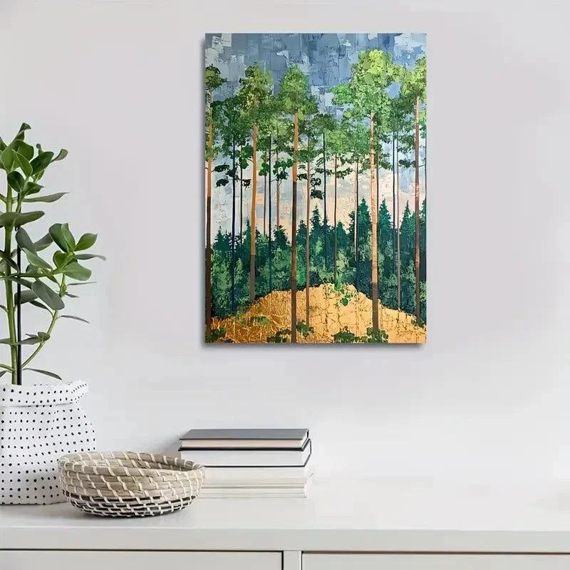 Trees & Sunlit Canopy Forest Painting 40x60cm Metal Print Ready to Hang