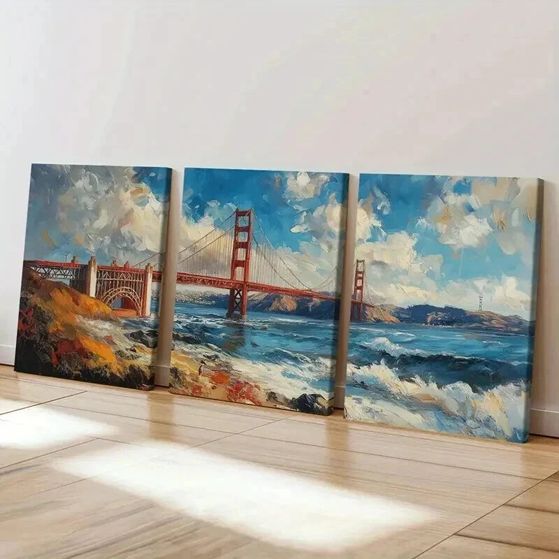 3pcs Golden Gate Bridge Dramatic Sky Ocean Waves Wall Art Set Canvas Framed 40x60cm - High Quality Print 100% Australian Made Wall Canvas Ready to Hang